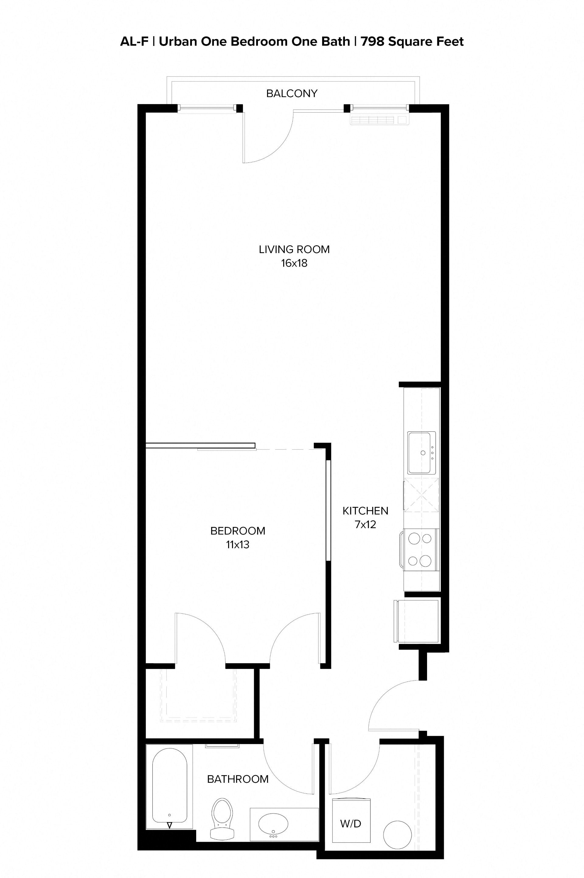 Floor plan for 1 bed, 1 bath, 798 sqft